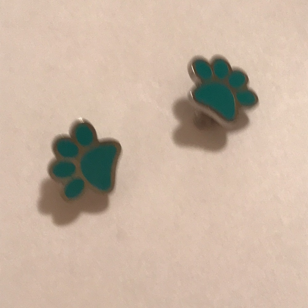 Teal Paw Print Stud Earrings - Silver Trim - Picture 5 of 6